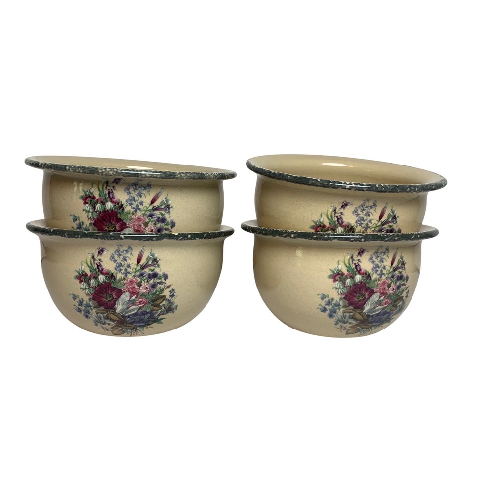 Home & Garden‎ Party Floral Stoneware 4 Bowls Cottage Cream Green Rim USA 2001